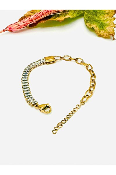 GOLD RENK BAGET TAŞLI ÇELİK BİLEKLİK 17+4 CM-5 MM ACR2455