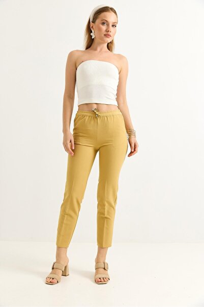 Juuuj Yellow Double Crepe Fabric, Elastic Waist, Lace-Up Detail, Short Leg, S...
