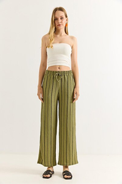 Juuuj Green Wrinkled Textured High Elastic Waist Comfortable Cut Vertical Str...