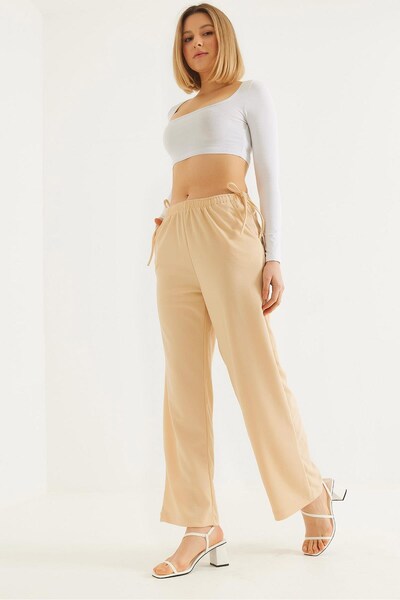 Juuuj Beige Cotton Blend Elastic Waist Wide Leg Pants with Rope Tie Detail on...