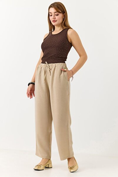 Juuuj Beige Woven Fabric Elastic Waist Lace-Up Comfortable Cut Wide Leg Loose...