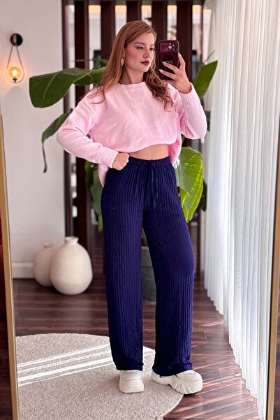 Juuuj Navy Blue Wrinkled Textured Elastic Waist Comfortable Cut Polyester Fab...