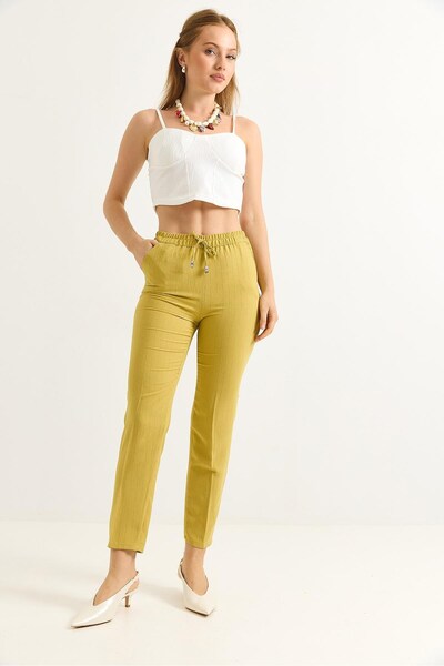 Juuuj Yellow Crepe Fabric Standard Fit Trousers with Elastic Waist and Lace-U...