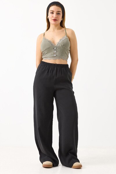 Juuuj Black Tensel Fabric, Elastic Waist, Comfortable, Loose Fit, Casual Trou...