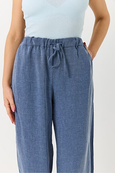 Juuuj Blue Adjustable Elastic Waist Comfortable Cut Loose Fit Pants with Lace...
