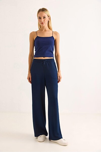 Juuuj Navy Blue Modal Fabric Flexible Wide Leg Elastic Waist Daily Use Sweatp...