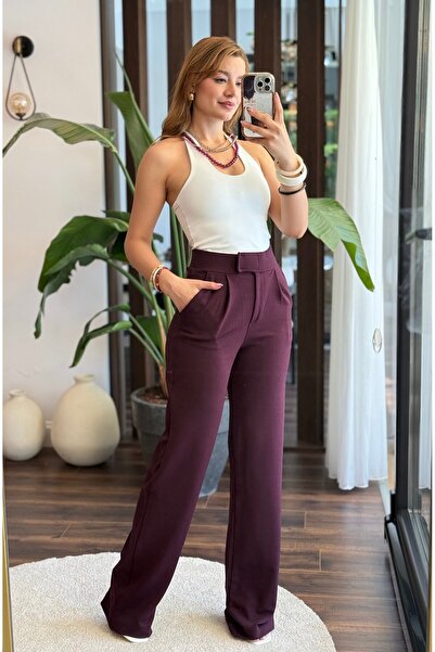 Juuuj Plum Stretch Fabric Waistband with Velcro Detail Comfortable Cut Wide L...