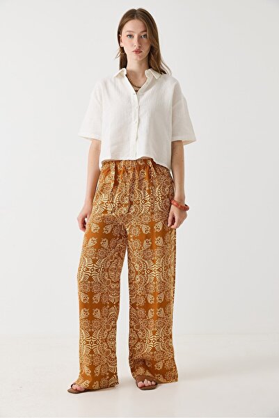 Juuuj Camel Viscose Fabric Casual Ethnic Patterned Trousers with Elastic Wais...
