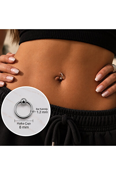 Heppii 316 L Çelik Küçük Topçuklu Düz Halka Göbek Piercingi 8 mm Silver Renk