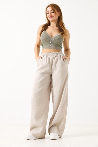 Juuuj Ecru Tencel Fabric Wide-Legged Pants with Elastic Waist and Adjustable ...