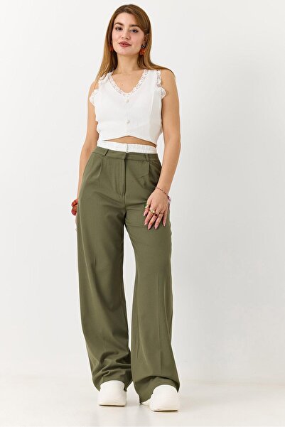 Juuuj Khaki Woven Elastic Waist Adjustable Trimmed Loose Cut Wide Leg Comfort...