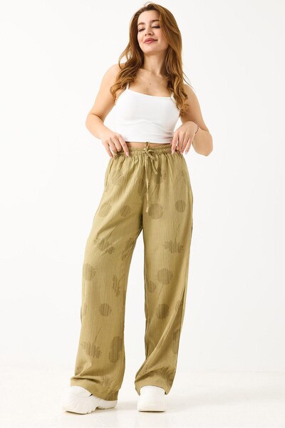Juuuj Green Textured Fabric, Elastic Waist, Loose Cut, Floral Patterned Casua...