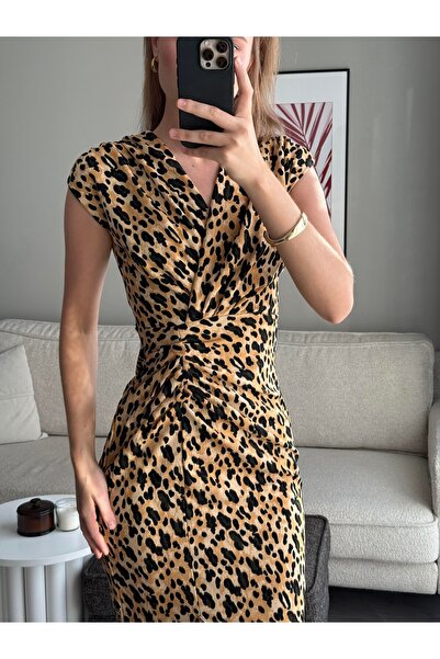 Juuuj Multicolored Leopard Patterned Dress with Drape Collar, Gathered Waist,...