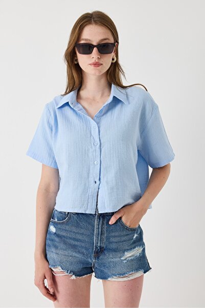 Juuuj Blue Cotton Fabric Short Sleeve Shirt with Collar, Cropped Fit, Front B...