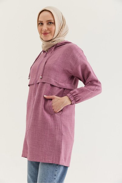 Generic Brand Șapcă Araboy cu textură de in, amestec de viscoză, cu glugă și fermoar, cu detaliu mânecă elastică, culoare Dusty Rose.