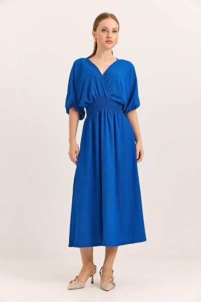 Juuuj Saks Blue Flexible Textured Double Breasted Collar, Gipeli Waist, Comfo...