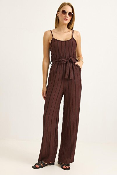 Juuuj Brown Modal Fabric Thin Straps Waist Belted Side Pockets Relaxed Fit Wi...