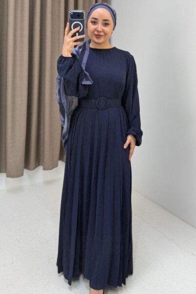 Juuuj Navy Blue Ayrobin Fabric Long Sleeve Pleated Detailed Hijab Dress with ...