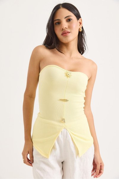 Juuuj Yellow Ottoman Fabric Strapless Collar Button Detailed Ribbed Textured ...