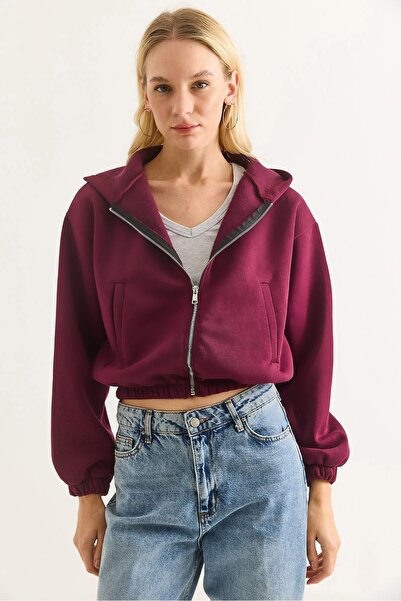 Juuuj Burgundy Three-Threaded Long-Sleeved Hooded Cardigan with Pockets, Zipp...