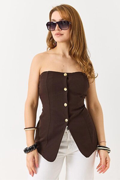 Juuuj Brown Woven Fabric Strapless Collar Corset Form Front Metal Button Deta...