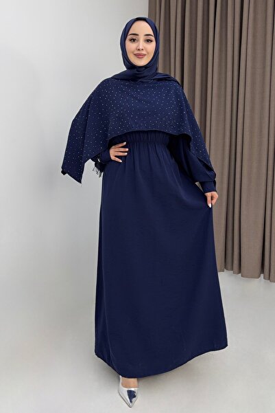 Juuuj Navy Blue Bat Sleeve, Gathered Waist, Relaxed Fit, Stone Embroidered De...