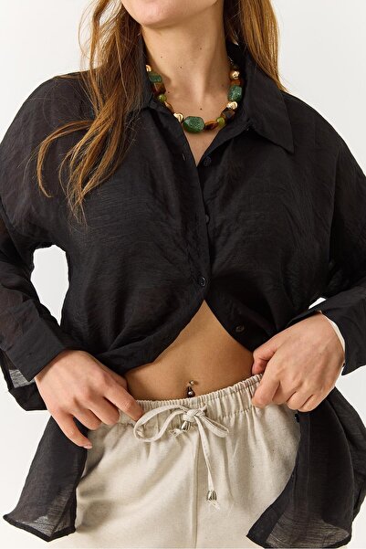 Juuuj Black Textured Transparent Stretch Fabric Off-Shoulder Long Sleeve Butt...