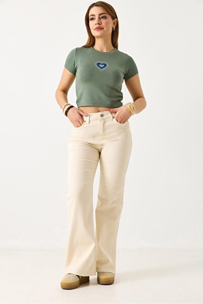 Juuuj Cream Lycra Stretch Fabric High Waist Spanish Leg Pants with Pockets Re...