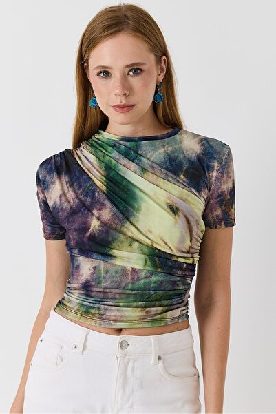 Juuuj Green Stretchy Textured Crew Neck Short Sleeve Draped Digital Print Col...