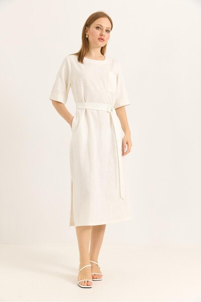Juuuj White Woven Linen Flexible Fabric Crew Neck Dress with Belted Pockets a...