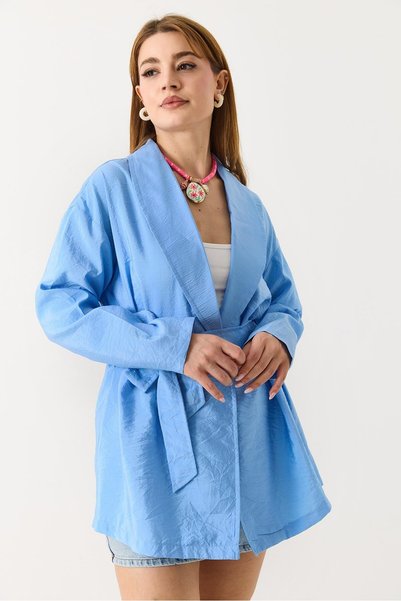 Juuuj Blue Thin Summer Fabric Double Breasted Collar Belted Waist Long Sleeve...
