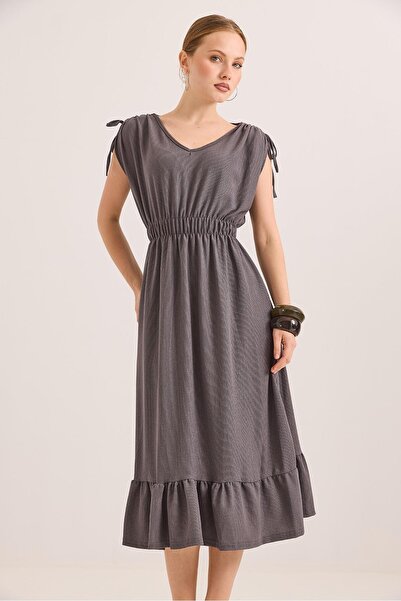 Juuuj Smoked Textured Knitted Fabric Shoulder Detail Elastic Waist Flexible C...