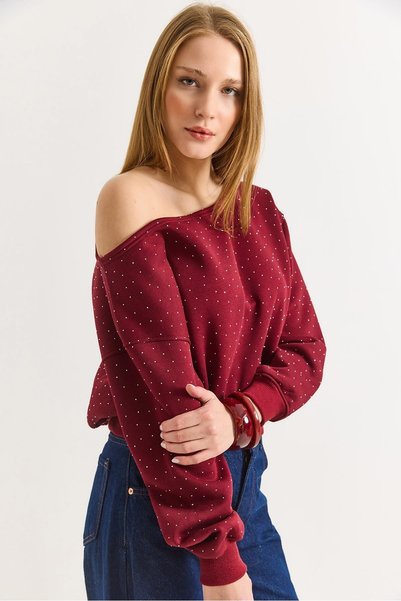Juuuj Burgundy Three-Threaded, Raised, Boat-Neck, Stone-Embellished, Detailed Cuffed, Comfortable Fit Sweatshirt