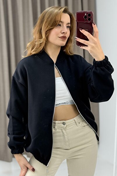 Juuuj Black Three-Threaded Ribbed Cardigan with Elastic Waist, Comfortable Cu...
