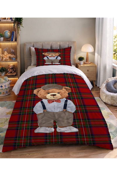 Şen Dekorasyon Teddy Bear and Plaid Duvet Cover Set