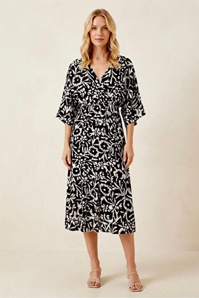 Juuuj Black Cotton Double-Breasted Collar, Gathered Waist, Front Slit, Patter...