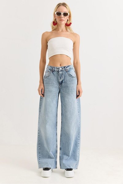 Juuuj Pantaloni din denim albastru deschis, din bumbac țesut, cu talie elasti...