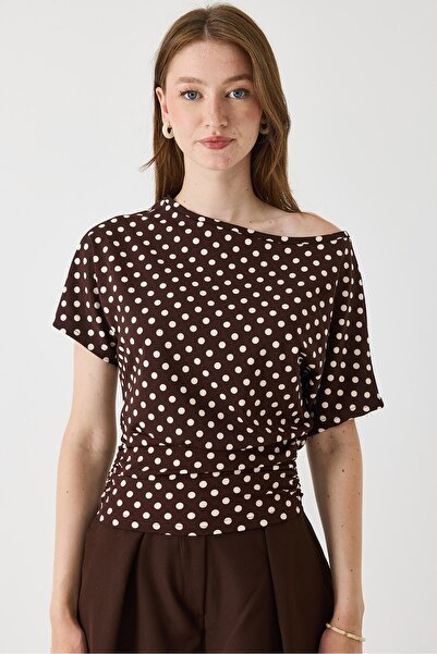 Juuuj Brown Polka Dot Degaje Collar Short Sleeve Gathered Waist Comfortable F...