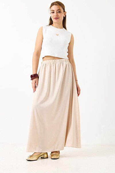 Juuuj Cream Satin Textured Flexible Elastic Waist Comfortable Cut Flared Form...