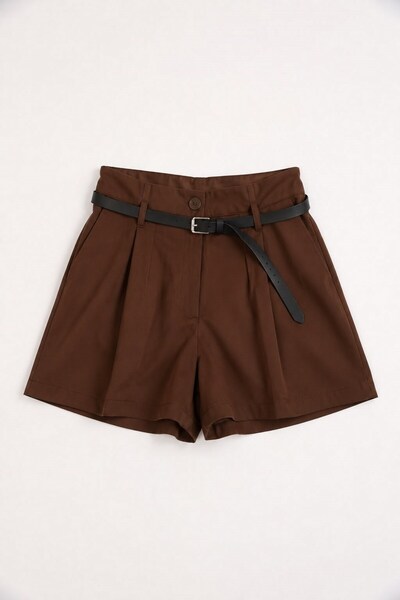 Juuuj Brown Woven Fabric High Waist Comfortable Cut Mini Shorts with Belt and...