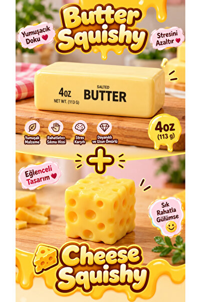 Maloria Butter Tereyağı & Cheese Peynir Squishy 2'li Paket – Slow Rising Sıkı...