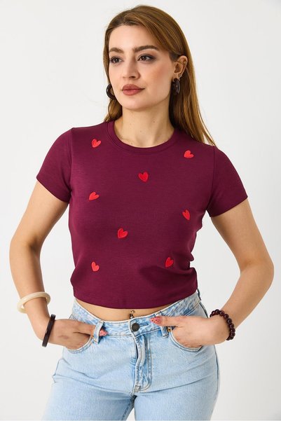 Juuuj Burgundy Cotton Flexible Textured Crew Neck Short Sleeve Red Heart Prin...
