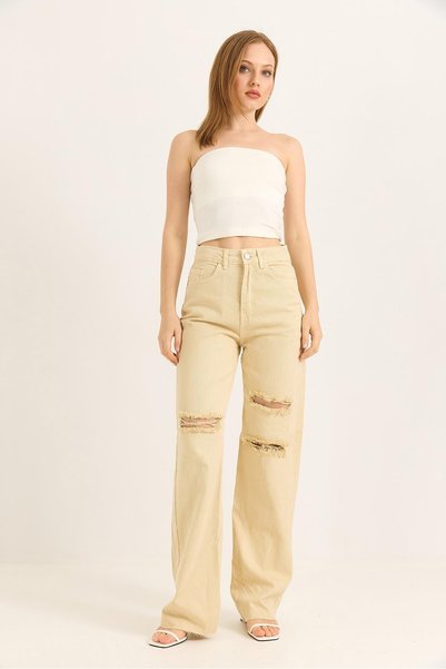 Juuuj Pantaloni din denim din bumbac bej, cu talie înaltă, croială lejeră, cu...