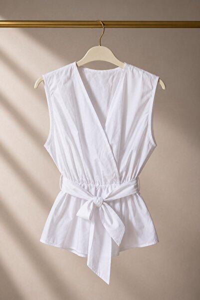 Juuuj White Viscose Fabric Double-Breasted Collar, Belted Waist, Gathered Det...
