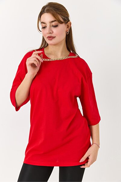 Juuuj Red Cotton Textured Crew Neck Comfortable Fit T-Shirt with Gold Chain A...