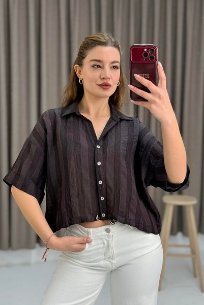 Juuuj Brown Shirt Collared Short Sleeve Loose Fit Waist Drawstring Button Det...