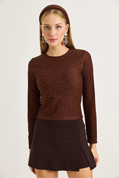 Juuuj Coffee Ottoman Fabric Crew Neck Long Sleeve Comfortable Fit Blouse with...
