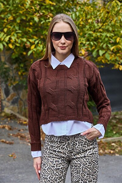 Juuuj Brown Knitted Textured Crew Neck Long Sleeve Crop Form Garnished Shirt ...