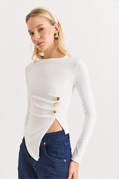 Juuuj White Ribbed Stretchy Textured Crew Neck Long Sleeve Blouse with Buckle...