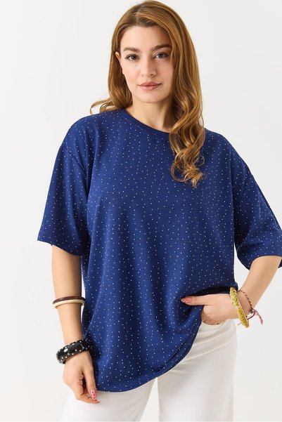 Juuuj Tricou supradimensionat, albastru marin, cu decolteu tip crew, cu mânec...